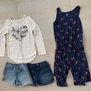 2 jean shorts, 1 new white shirt & 1 long jumper